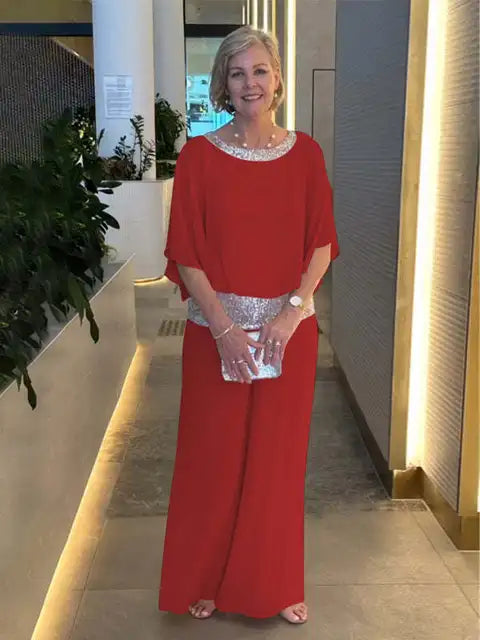 Elegantes Abendoutfit: Funkelndes Top mit Palazzo-Hosen