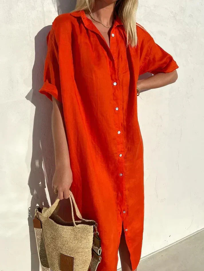 Stylisches Damen Freizeitkleid aus Baumwolle und Leinen mit weiten Ärmeln und Knopfdetails